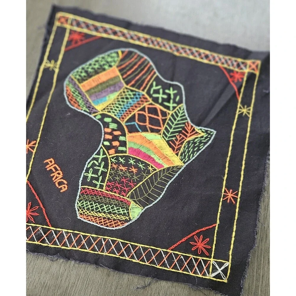 African Hand Embroidered Fabric Art Cotton Multi Colored Giraffe Bird Lot Of 6